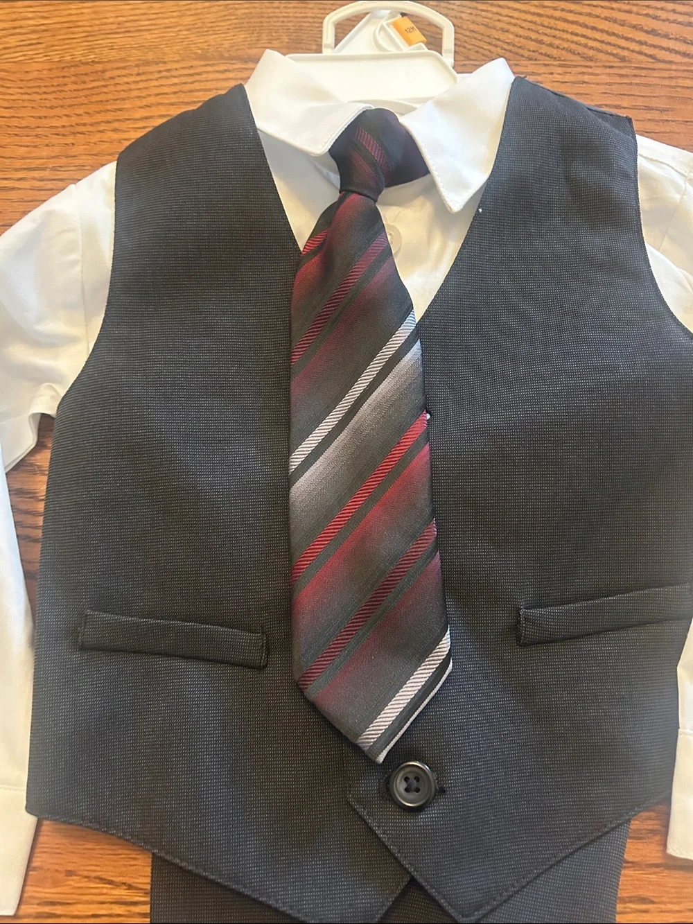 Van Heusen Boys Black Vest Suit Set with White Shirt and Black/Red Tie